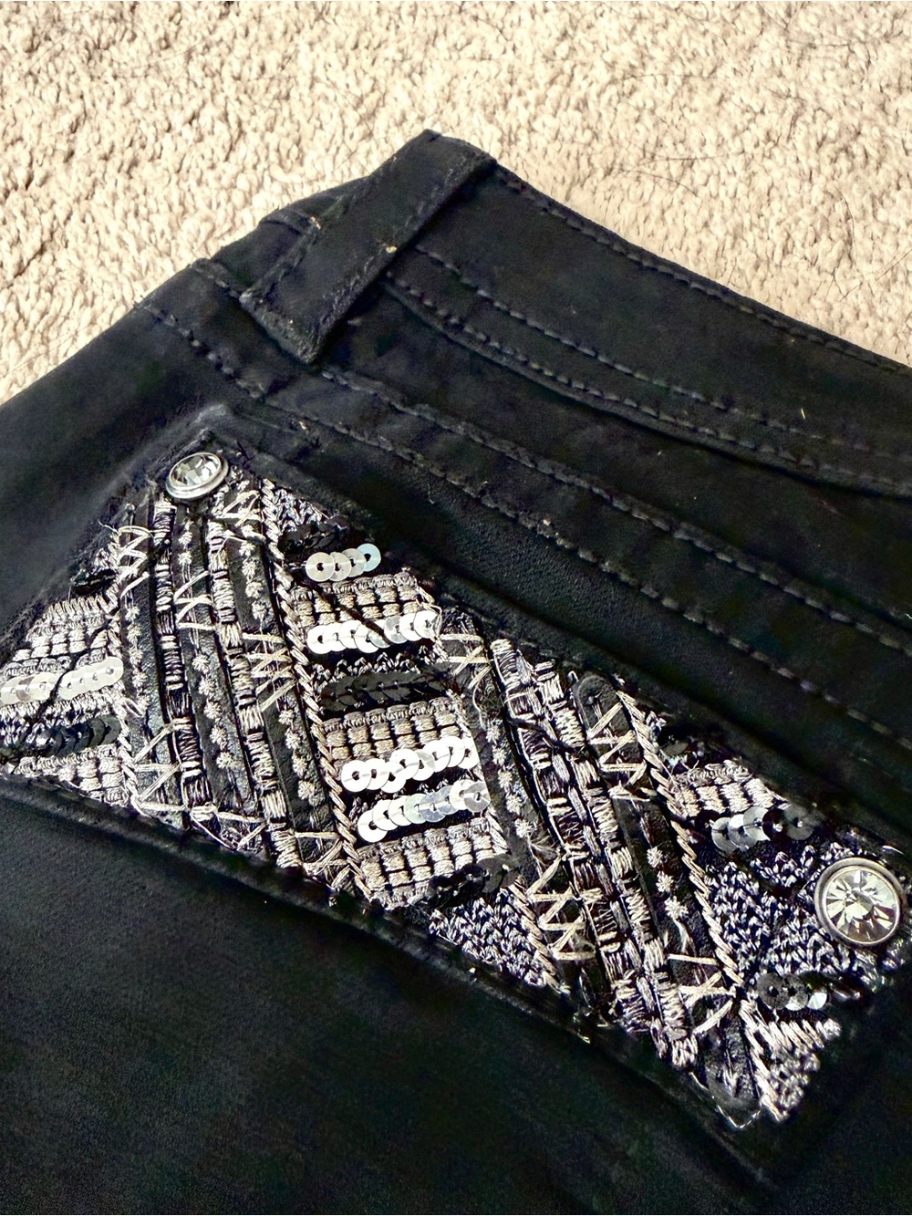 Womens Miss Me Jeans Size 29 X 30 Skinny Y2K Black Rhinestone Embellished Sequin - Picture 7 of 10